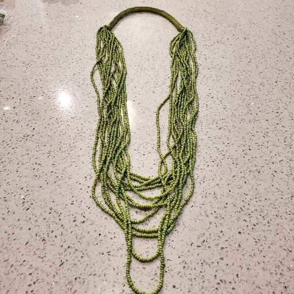 Green Beaded Statement Necklace Long Layered Tiered Tribal Boho Tropical Preppy - Picture 2 of 5